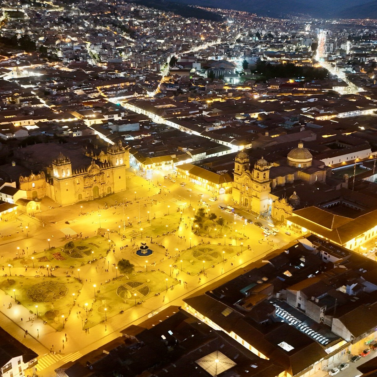 An aerial view of a city at night