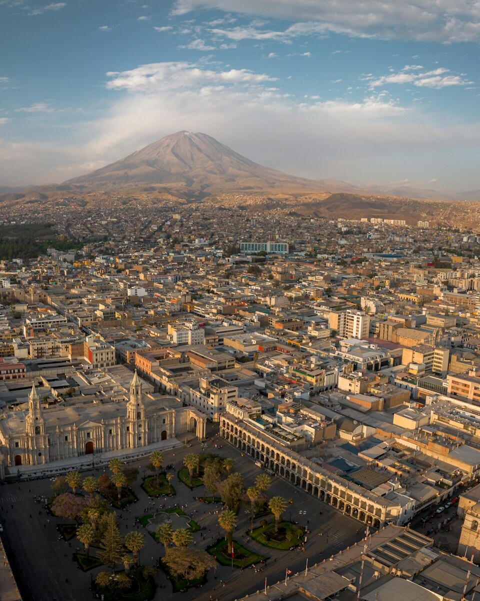 A panoramic view of a city with a mountain in the background